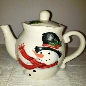 Vtg 1990s Maxcera Porcelain Snowman/ HollyBerries Teapot/Hot Chocolate Cold Brew